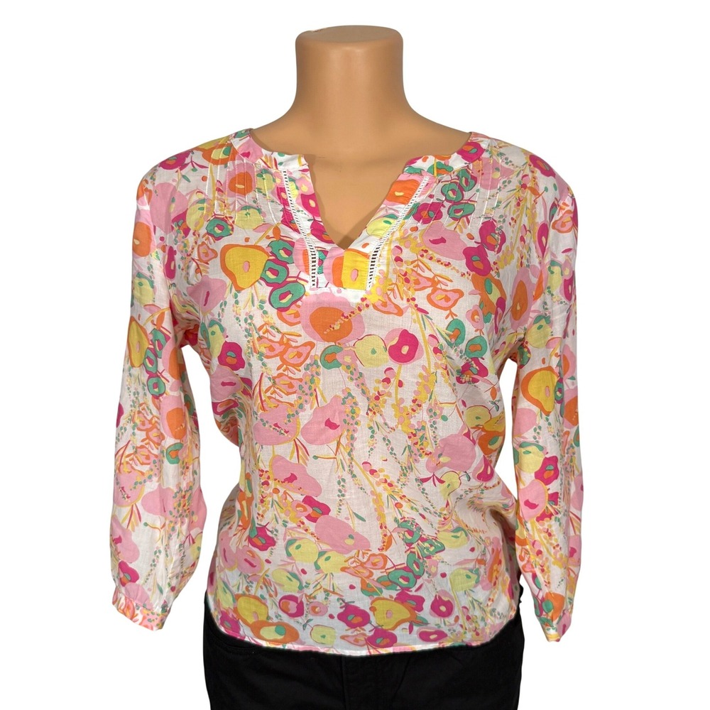 Talbots Petite Pink Yellow Floral Cotton Voile 3/4 Sleeve Blouse SP Pintuck Lace